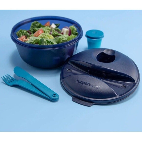 Tupperware Salad on the Go Set Bowl Utensils Condiment Cup Blue NIP - Picture 4 of 4